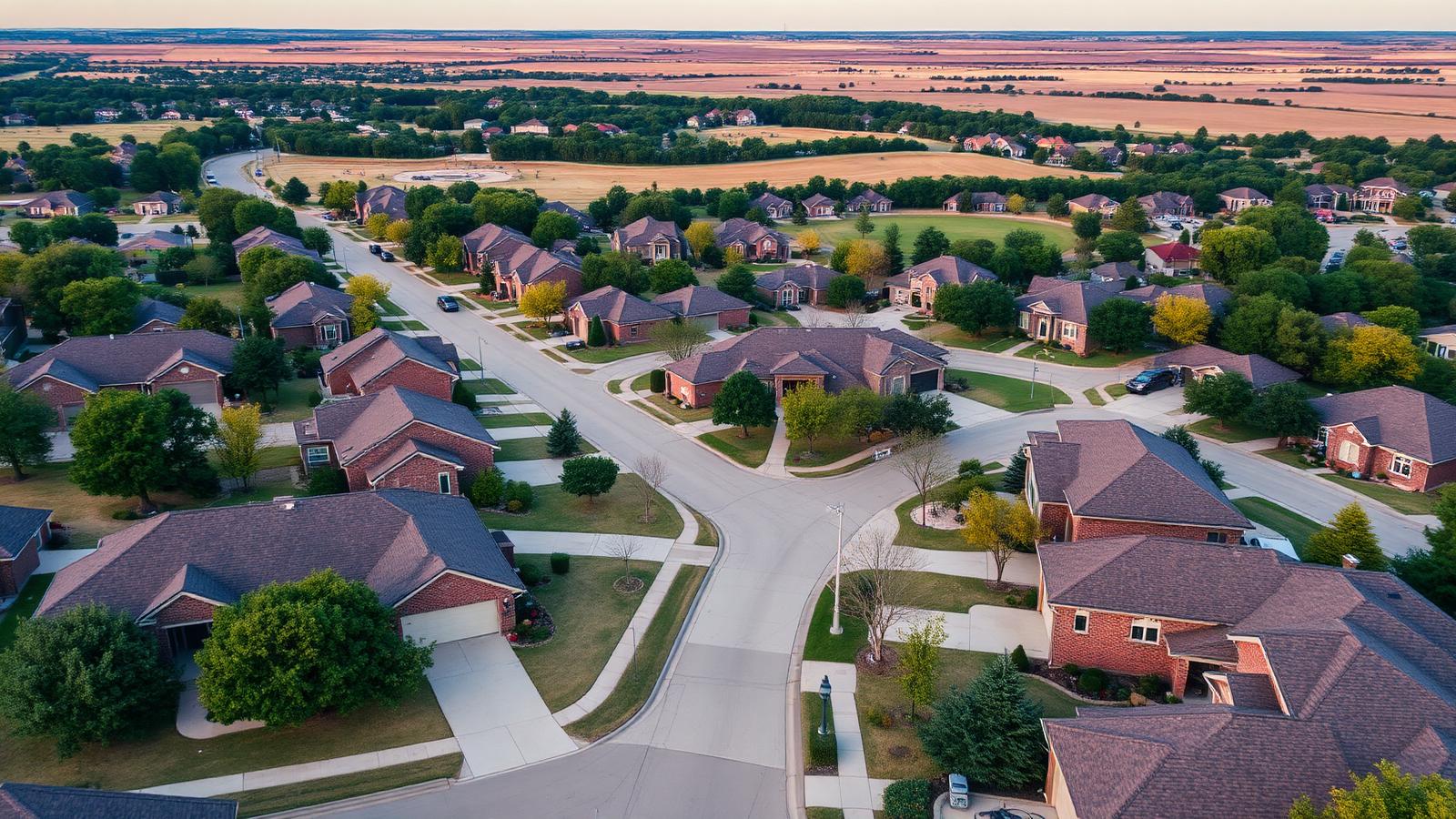 Aerial view of an Oklahoma suburban neighborhood of brick homes on flat prairie land